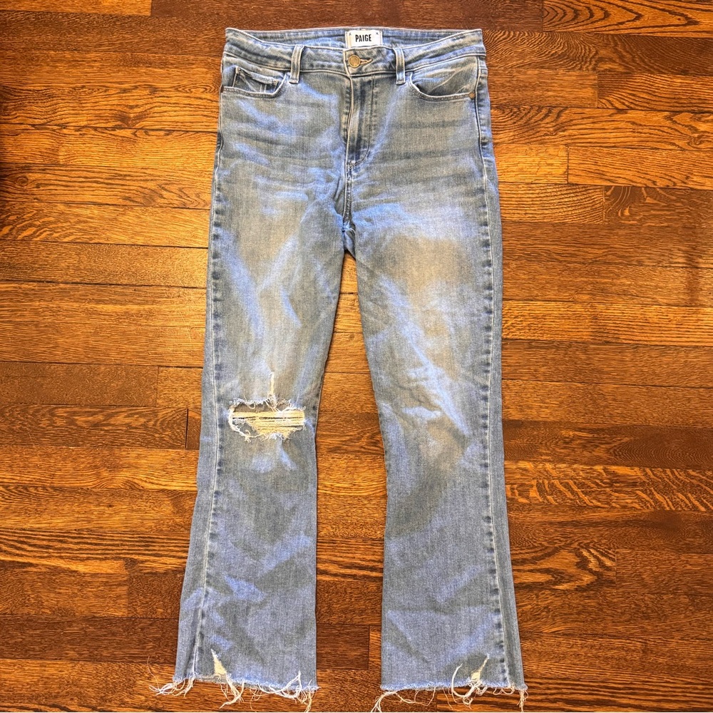 PAIGE Light Wash Distressed Cropped Flare Jeans